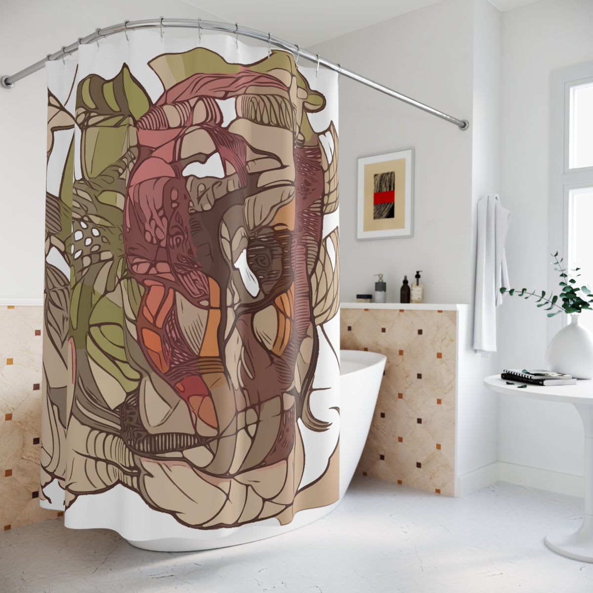 Botanical Abstract Shower Curtain — Earthy Floral Line Art