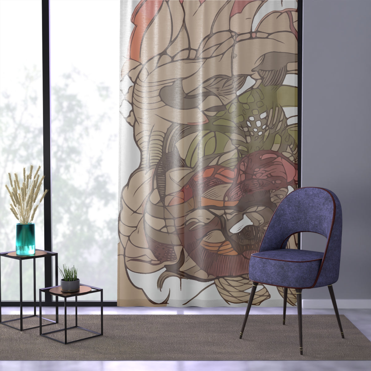 Boho Floral Tapestry Window Curtain – Earth Tone Abstract Garden Print