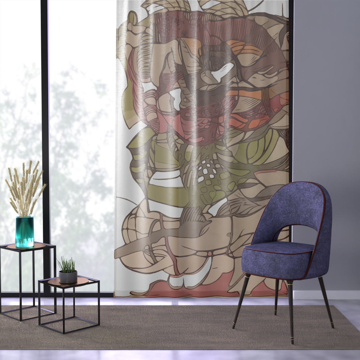 Boho Floral Twin Tapestry Window Curtain – Earth Tone Abstract Garden Print